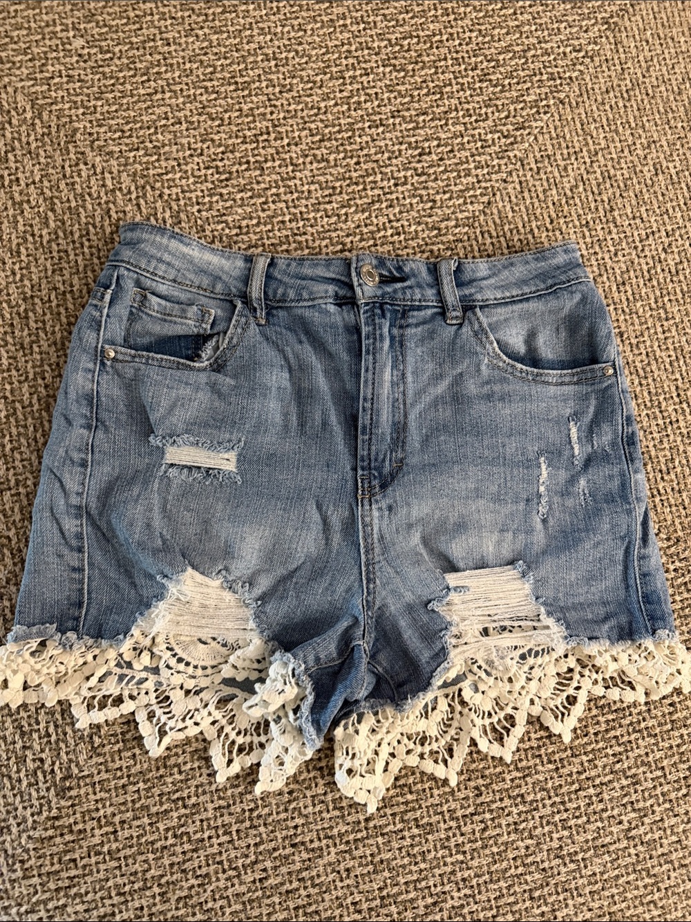 Almost Famous Light Blue Denim Shorts with Cream Lace Trim